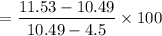 $= \frac{11.53 - 10.49}{10.49 - 4.5} \times 100$