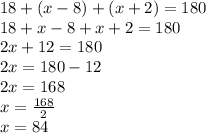 18+(x-8)+(x+2) = 180\\18+x-8+x+2 = 180\\2x+12 = 180\\2x = 180-12\\2x = 168\\x = \frac{168}{2}\\x = 84