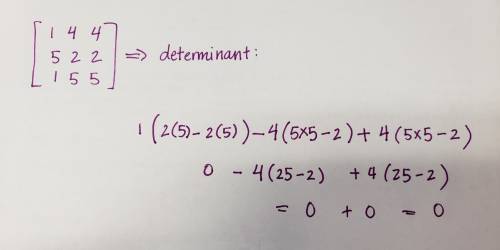 Evaluate the determinant for the following matrix:  144 522 155 a. 125 b. 200 c. 0 d. –96