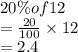 20\% of 12 \\=\frac{20}{100}\times 12\\=2.4