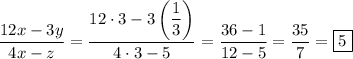 \dfrac{12x-3y}{4x-z}=\dfrac{12\cdot3-3\left(\dfrac{1}{3}\right)}{4\cdot3-5}=\dfrac{36-1}{12-5}=\dfrac{35}{7}=\boxed{5}