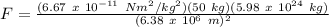 F = \frac{(6.67\ x\ 10^{-11}\ Nm^{2}/kg^{2})(50\ kg)(5.98\ x\ 10^{24}\ kg)}{(6.38\ x\ 10^{6}\ m)^{2}}\\\\