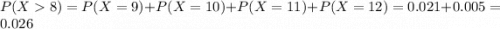 P(X  8) = P(X = 9) + P(X = 10) + P(X = 11) + P(X = 12) = 0.021 + 0.005 = 0.026