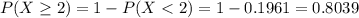 P(X \geq 2) = 1 - P(X < 2) = 1 - 0.1961 = 0.8039