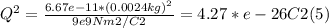 Q^{2} = \frac{6.67e-11*(0.0024kg)^{2}}{9e9Nm2/C2} = 4.27*e-26 C2 (5)