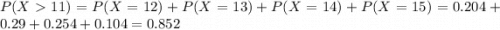 P(X  11) = P(X = 12) + P(X = 13) + P(X = 14) + P(X = 15) = 0.204 + 0.29 + 0.254 + 0.104 = 0.852