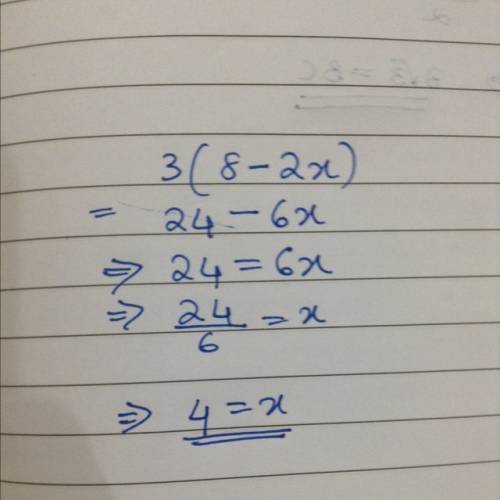 How do i solve this equation step by step 3(8-2x)