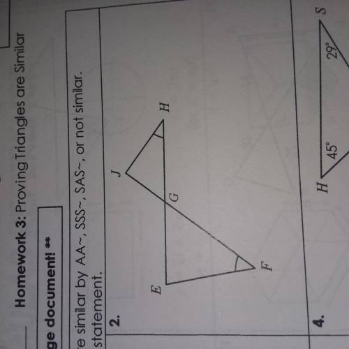 Determine whether the triangles are similar. If similar, state how (AA, SSS, or SAS), and write a si