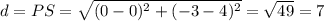 d = PS = \sqrt{(0-0)^{2} +(-3-4)^{2} }  = \sqrt{49} =7