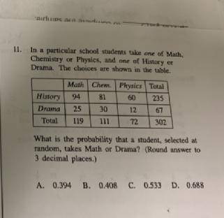 What is the probability that a student selected at random takes math or drama? (round answer to 3 de