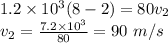 1.2\times10^3(8-2)=80v_2\\v_2=\frac{7.2\times10^3}{80}=90\ m/s