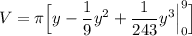\displaystyle V=\pi\Big[y-\frac{1}{9}y^2+\frac{1}{243}y^3\Big|_0^9\Big]