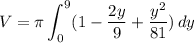 \displaystyle V=\pi\int_0^9(1-\frac{2y}{9}+\frac{y^2}{81})\, dy