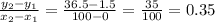 \frac{y_2 - y_1}{x_2 - x_1} = \frac{36.5 - 1.5}{100 - 0} = \frac{35}{100} = 0.35