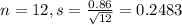 n = 12, s = \frac{0.86}{\sqrt{12}} = 0.2483