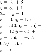 y = 2x + 3 \\ y = 3x + 1 \\ 2x = y - 3 \\ x = 0.5y - 1.5 \\ y = 3(0.5y - 1.5) + 1 \\ y = 1.5y - 4.5 + 1 \\ y  - 1.5y =  - 3.5 \\ 0.5y = 3.5 \\ y =  7