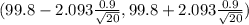 (99.8 - 2.093 \frac{0.9}{\sqrt{20} } , 99.8 + 2.093 \frac{0.9}{\sqrt{20} })
