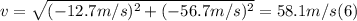 v = \sqrt{(-12.7m/s)^{2} + (-56.7m/s)^{2}}  = 58.1 m/s (6)