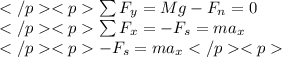 \begin{array}{l}\sum F_{y}=M g-F_{n}=0 \\\sum F_{x}=-F_{s}=m a_{x} \\-F_{s}=m a_{x}\end{array}