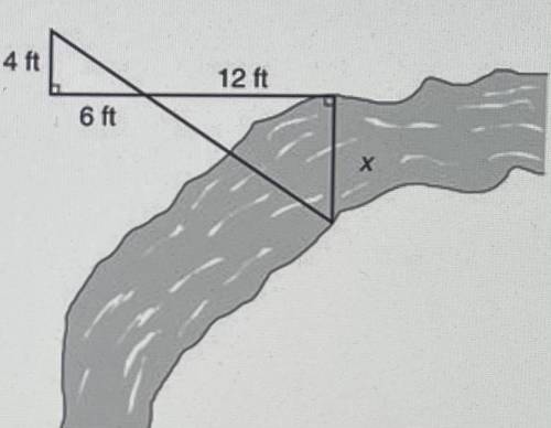 A section of a stream is shown in the drawing below. What is x, the distance across the stream, in f