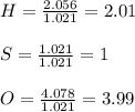 H = \frac{2.056}{1.021} = 2.01\\\\S = \frac{1.021}{1.021} = 1\\\\O = \frac{4.078}{1.021} = 3.99