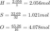 H = \frac{2.056}{1} = 2.056mol\\\\S = \frac{32.69}{32} = 1.021mol\\\\O = \frac{65.26}{16} = 4.078mol