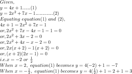 Given,\\y = 4x+1......(1)\\y = 2x^2+7x-1.............(2)\\Equating~equation (1)~and~(2),\\4x+1 = 2x^{2} +7x-1\\or, 2x^{2}+7x-4x-1-1=0\\or, 2x^{2} + 3x-2=0\\or, 2x^{2} +4x-x-2=0\\or, 2x(x+2)-1(x+2)=0\\or, (x+2)(2x-1)=0\\i.e. x=-2 ~or~ \frac{1}{2} \\When~x=2,~equation(1)~becomes ~y=4(-2) +1=-7\\When~x=-\frac{1}{2},~equation (1)~becomes~y=4(\frac{1}{2}) +1 = 2+1=3