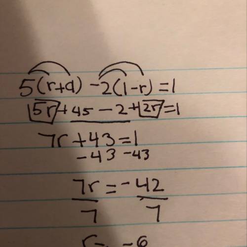 What is 5(r+9)-2(1-r)=1  can i have the solution .  you