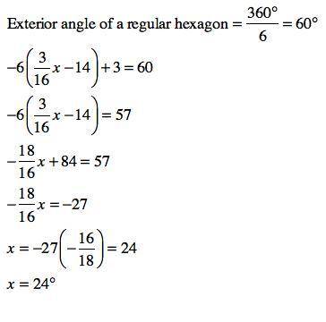 determine the value of x if the measure of the sixth exterior angle of a hexagon is given by -6(3/16