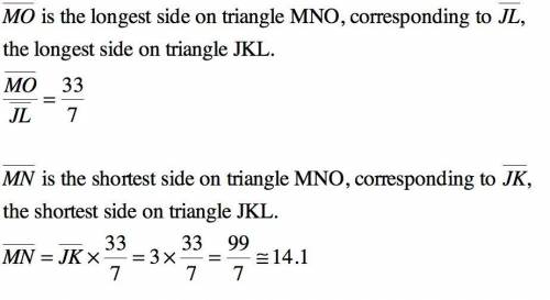 15 points , help!

Triangle JKL is similar to triangle MNO. Find the measure of side MN. Round your
