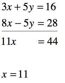Use elimination to solve the system 3x + 5y = 16 and 8x – 5y = 28 for x.