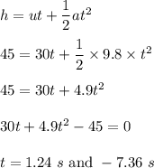 h=ut+\dfrac{1}{2}at^2\\\\45=30t+\dfrac{1}{2}\times 9.8\times t^2\\\\45=30t+4.9t^2\\\\30t+4.9t^2-45=0\\\\t=1.24\ s\ \text{and}\ -7.36\ s