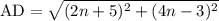 \text{AD} = \sqrt{(2n+5)^2+(4n-3)^2}