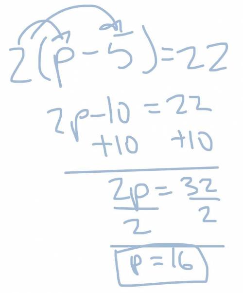 Wuts the solution too this problem... 
2(p-5)=22