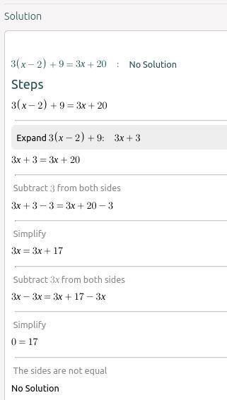 3(x-2)+9=3x+20 pls solve fully
