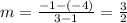 m =  \frac{ - 1 - ( - 4)}{ 3 - 1}  =  \frac{3}{2}
