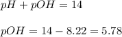 pH+pOH=14\\\\pOH=14-8.22=5.78