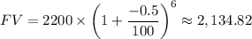 FV = 2200 \times \left ( 1 + \dfrac{-0.5}{100} \right )^6 \approx 2,134.82