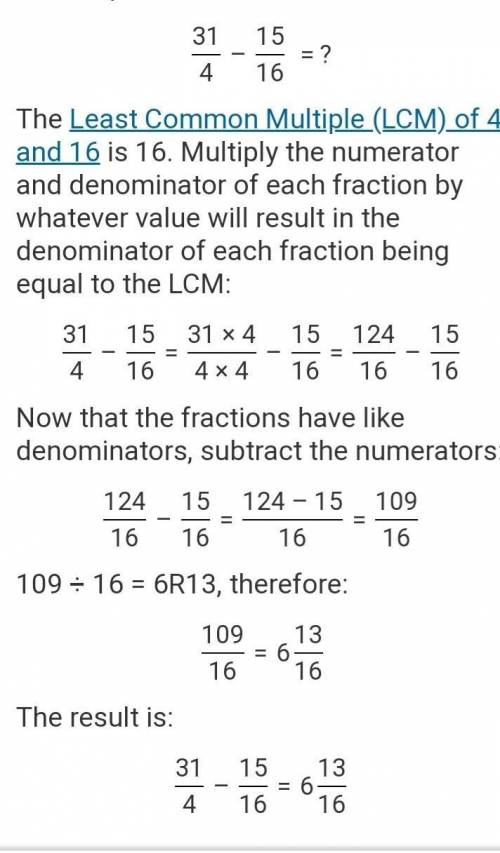 What is the difference of 3 1/4 and 15/16.