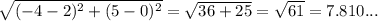 \sqrt{(-4-2)^{2} +(5-0)^{2} }  = \sqrt{36 + 25} = \sqrt{61\\} = 7.810...