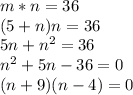 m*n=36\\(5+n)n = 36\\5n+n^2 = 36\\n^2 + 5n -36 = 0\\(n+9)(n-4)=0