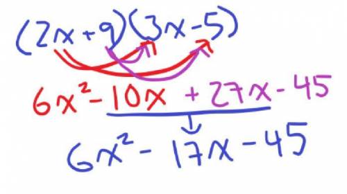 Multiply the binomials and simplify your answer. (2x+9)(3x-5)