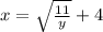 x=\sqrt{\frac{11}{y}}+4