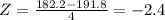 Z = \frac{182.2-191.8}{4} = -2.4