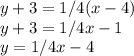 y + 3 =1/4(x - 4)\\y + 3 = 1/4x - 1\\y = 1/4x - 4