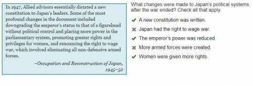 What changes were made to Japan’s political systems after the war ended? Check all that apply.

 
▢