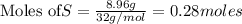 \text{Moles of} S=\frac{8.96g}{32g/mol}=0.28moles