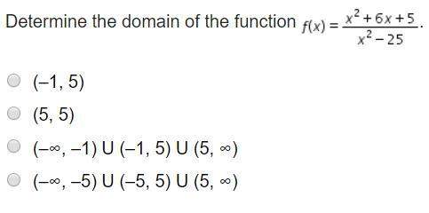 Determine the domain of the function f(x) = x^2 + 6x +5/x^2 - 25a. (-1, 5)b. (5, 5