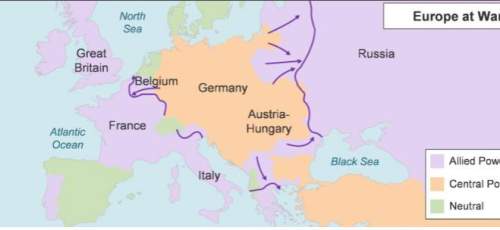 The map depicts world war i in europe. a map titled europe at war. the central powers ar
