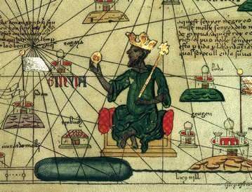 In this drawing african ruler mansa musa is holding a gold nugget. during his pilgrimage to mecca it